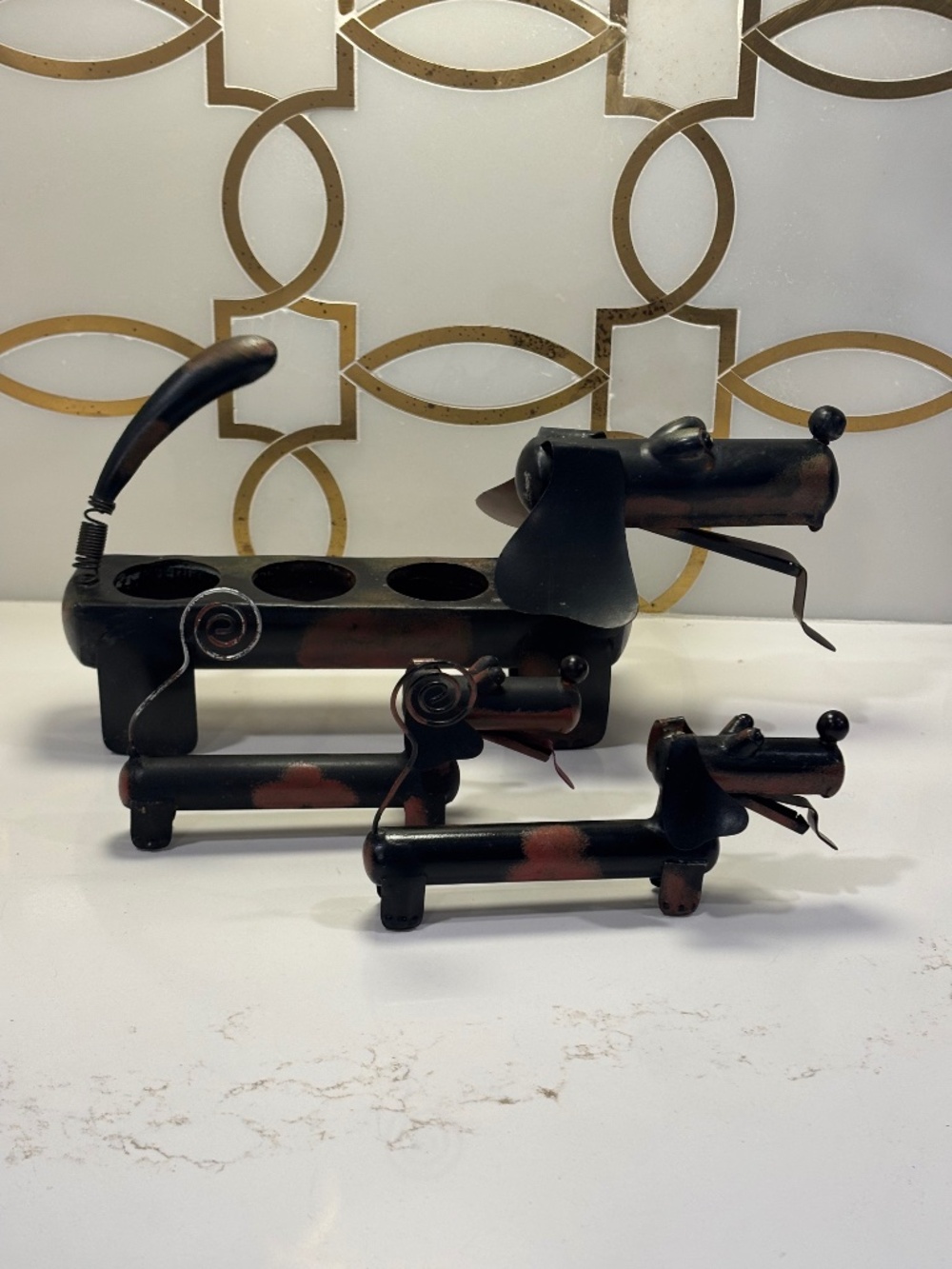 Metal Dachshund Tea Light Candle Holder & Photo/Card Holder Set